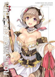  1girl :d ahoge bare_shoulders belt bonnet bow braid breasts brown_hair cleavage corset detached_collar dreamlight2000 dress flower_knight_girl holding holding_bow_(ornament) large_breasts looking_at_viewer mugi_(flower_knight_girl) open_mouth pig purple_eyes red_bow shiny_skin short_hair smile solo strapless strapless_dress twin_braids wheat 