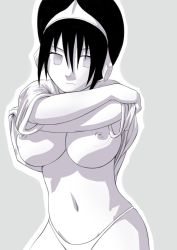  1girl alternate_breast_size avatar:_the_last_airbender avatar_legends breasts clothes_lift empty_eyes highres large_breasts maydrawfag monochrome navel nipples panties shirt_lift solo toph_bei_fong underwear 