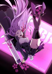  1girl :d bb_(fate) bb_(fate/extra) black_coat boots breasts character_name coat fate/extra fate/grand_order fate_(series) floating floating_hair gloves hair_ribbon high_heels highres large_breasts large_syringe leg_lift leotard long_hair long_sleeves looking_at_viewer neck_ribbon open_clothes open_coat open_mouth oversized_object own_hands_clasped own_hands_together popped_collar purple_eyes purple_hair red_ribbon ribbon signature skirt smile solo syringe thigh_boots thighs ttmaru_1739 twitter_username very_long_hair wand white_gloves white_leotard 