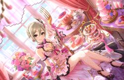  1girl armband black_eyes braid breasts cake cleavage cup cupcake dress drinking_glass earrings fishnet_pantyhose fishnets flower food fork game_cg grey_hair high_heels idolmaster idolmaster_cinderella_girls idolmaster_cinderella_girls_starlight_stage jewelry nail_polish official_art pantyhose pink_dress plate shiomi_syuko solo table teacup teapot vase window wine_glass 