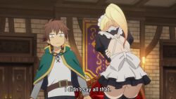  1boy 1girl alternate_costume animated anime_screenshot apron arms_under_breasts ass back backless_dress backless_outfit black_dress black_thighhighs blonde_hair blue_eyes blush bouncing_breasts breasts brown_hair capelet cleavage closed_eyes darkness_(konosuba) dress enmaided frilled_dress frills green_capelet hair_ornament highres kono_subarashii_sekai_ni_shukufuku_wo! large_breasts long_hair long_sleeves looking_at_viewer maid maid_apron maid_headdress ponytail satou_kazuma shirt sound subtitled tagme thighhighs thighs video white_shirt wrist_cuffs x_hair_ornament 