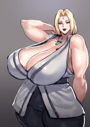  1girl ass blonde_hair breasts cameltoe cleft_of_venus covered_erect_nipples female_focus highres huge_breasts kisuu naruto naruto_(series) short_hair smile source_request tsunade_(naruto) 