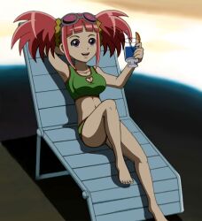  1girl absurdres arm_behind_head armpits bikini breasts cleavage cleavage_cutout clothing_cutout dinosaur_king drink feet female_focus highres large_breasts legs open_mouth purple_eyes red_hair smile solo stitched swimsuit tatsuno_malm thighs third-party_edit  rating:Sensitive score:33 user:spk
