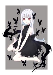  104 1girl barefoot black_dress black_nails bug butterfly dress grey_background halter_dress halterneck highres insect long_hair looking_at_viewer magic original parted_lips petite red_eyes sitting sleeveless sleeveless_dress slit_pupils solo wariza white_hair 