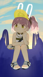  1girl absurdres animal_ears bare_arms bare_shoulders closed_mouth fake_animal_ears full_body girls&#039;_frontline_neural_cloud green_eyes hand_on_own_cheek hand_on_own_face highres pink_hair sandals shirt sitting sleeveless sleeveless_shirt solo taisch_(neural_cloud) twintails visor_cap white_shirt xiaotsihasiha 
