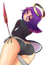 10s 1girl ass bad_id bad_pixiv_id between_thighs black_panties blush crotch_rub female_focus from_behind from_below glaive_(polearm) headgear highres huge_ass kantai_collection looking_at_viewer looking_back no_pants okuva open_mouth panties personification polearm purple_eyes purple_hair shiny_skin short_hair side-tie_panties simple_background smile solo spear tatsuta_(kancolle) thighs tongue underwear weapon white_background rating:Questionable score:47 user:danbooru