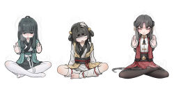  3girls barefoot bell black_hair black_pantyhose black_skirt butterfly_sitting chinese_clothes closed_eyes closed_mouth commentary crossed_bandaids facing_viewer hair_bell hair_ornament hair_rings half-closed_eyes hanfu heavy_breathing highres jacket japanese_clothes jingle_bell kimono long_hair multiple_girls no_shoes original outstretched_arms pantyhose red_jacket red_skirt shirt simple_background sitting skirt symbol-only_commentary very_long_hair white_background white_kimono white_pantyhose white_ph white_shirt 