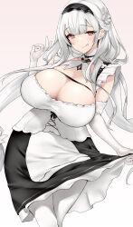  1girl azur_lane breasts clothes_lift cross-shaped_pupils dress elbow_gloves flower gloves hair_flower hair_ornament highres huge_breasts licking_lips long_hair looking_at_viewer maid maid_headdress ok_sign oohira_sunset pantyhose red_eyes scylla_(azur_lane) simple_background solo symbol-shaped_pupils tongue tongue_out white_background white_gloves white_hair white_pantyhose wide_hips  rating:Sensitive score:21 user:danbooru