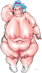  1girl blue_hair breasts fat glasses huge_breasts nipples nude obese pink_eyes ponytail pussy solo tanuma_yuuichirou  rating:Explicit score:4 user:thatguy1996