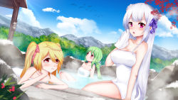  3girls :t arm_support azur_lane blonde_hair blue_sky blurry blurry_background blush braid breasts cleavage closed_mouth cloud collarbone comet_(azur_lane) commentary_request crescent_(azur_lane) cygnet_(azur_lane) day depth_of_field dutch_angle green_hair hair_between_eyes highres large_breasts lenxiao mountain multiple_girls naked_towel onsen outdoors parted_lips partially_submerged ponytail pout purple_eyes red_eyes silver_hair sitting sky small_breasts smile steam towel twintails water  rating:Sensitive score:5 user:danbooru
