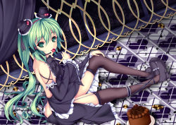  1girl absurdres backless_outfit bad_id bad_pixiv_id bare_back candy checkerboard_cookie cookie detached_sleeves dress food garter_straps green_eyes green_hair hair_ornament hat hatsune_miku headset highres licking lollipop long_hair matching_hair/eyes mea_(brunhilde) mini_hat mini_top_hat nail_polish shoes sitting solo thighhighs tongue top_hat twintails very_long_hair vocaloid  rating:Sensitive score:15 user:danbooru