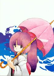  1980s_(style) 1girl bow hair_bow highres japanese_clothes kimono lemon_people long_hair looking_at_viewer meimu non-web_source oldschool ponytail purple_hair retro_artstyle smile solo traditional_media umbrella upper_body 