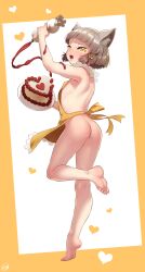  1girl :d absurdres animal_ear_fluff animal_ears apron arm_up armpits ass back barefoot born-to-die breasts brown_hair cake cat_ears cat_girl commentary english_commentary fang food full_body heart highres holding holding_food kneepits leg_up looking_at_viewer looking_back naked_apron nia_(xenoblade) nude open_mouth short_hair small_breasts smile soles solo tiptoes toes two-tone_background valentine white_background xenoblade_chronicles_(series) xenoblade_chronicles_2 yellow_apron yellow_background yellow_eyes 