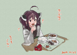  1girl :d ahoge blush bowl brown_eyes brown_hair dated food food_request green_background headgear holding holding_food japanese_clothes kimono lamb_(hitsujiniku) long_sleeves looking_at_viewer open_mouth plate rice rice_bowl smile solo table touhoku_kiritan translation_request tray twintails upper_body voiceroid white_kimono wide_sleeves 