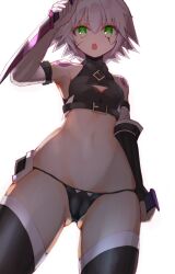  1girl arm_belt bandaged_arm bandages bare_shoulders black_gloves black_panties black_shirt black_thighhighs breasts bump_(bump321) cameltoe cleavage_cutout clothing_cutout commentary_request cowboy_shot dagger dual_wielding facial_scar fate/apocrypha fate/grand_order fate_(series) fingerless_gloves from_below gloves gluteal_fold green_eyes grey_hair hair_between_eyes hand_up holding holding_dagger holding_knife holding_weapon jack_the_ripper_(fate/apocrypha) knife looking_at_viewer lowleg lowleg_panties navel open_mouth panties scar scar_across_eye scar_on_cheek scar_on_face shirt short_hair shoulder_tattoo simple_background single_glove sleeveless sleeveless_shirt small_breasts solo standing stomach tattoo thighhighs underwear weapon white_background 