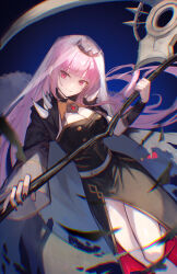  1girl black_cape black_dress black_nails black_tiara blue_background blunt_bangs breasts cape cleavage detached_sleeves dress highres holding holding_scythe hololive hololive_english large_breasts looking_at_viewer mori_calliope mori_calliope_(1st_costume) nail_polish pink_hair red_eyes scythe see-through see-through_sleeves see-through_veil single_sleeve sleeveless sleeveless_dress smile solo spiked_cape tiara veil virtual_youtuber xyunx 