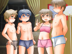  1girl 3boys age_difference blue_briefs blue_eyes blue_hair blue_male_underwear blush bra breasts briefs brown_eyes brown_hair bulge grey_briefs grey_male_underwear hand_on_own_hip height_difference loli looking_at_another male_underwear multiple_boys navel no_eyes original panties pink_boxer_briefs pink_bra shota small_breasts sonnano_ari striped_bra striped_clothes striped_panties underwear underwear_only white_boxer_briefs white_male_underwear  rating:Questionable score:16 user:gamest