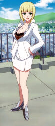  1girl black_bra blonde_hair bob_cut bra breasts character_request cleavage female_focus formal green_eyes hand_on_own_hip high_heels highres large_breasts miniskirt rooftop screencap short_hair sidelocks skirt smile solo stitched suit third-party_edit to_love-ru underwear white_suit  rating:Sensitive score:15 user:RandomBloke69
