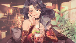  1girl artist_name black_choker black_hair breasts choker cinder_fall cleavage commission cowboy_shot dress drinking_straw food fruit highres holding holding_drinking_straw jam_(lc_jam) juice large_breasts lemon lips long_hair looking_at_viewer nail_polish off-shoulder_dress off_shoulder orange_eyes pixiv_commission plant red_nails rwby sitting solo strawberry 