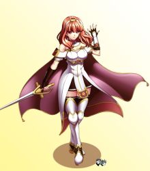 1girl arm_up breasts cape celica_(fire_emblem) cleavage dress fingerless_gloves fire_emblem fire_emblem_echoes fire_emblem_echoes:_shadows_of_valentia full_body gloves gradient_background jadenkaiba large_breasts long_hair nintendo red_eyes red_hair simple_background sleeveless smile solo strapless strapless_dress sword thighhighs tiara weapon white_dress rating:Sensitive score:23 user:danbooru