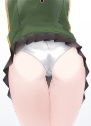  1girl absurdres arched_back ass ass_focus black_skirt cameltoe close-up clothes_lift commission from_behind green_jacket hayasui_(kancolle) highres ibuki_grunt jacket kantai_collection leaning_forward long_sleeves miniskirt panties pantyshot pleated_skirt skeb_commission skirt skirt_lift solo thigh_gap thighs track_jacket underwear white_background white_panties 