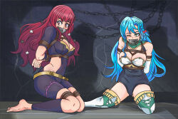  2girls arms_behind_back barefoot bdsm blue_hair bondage bound bound_wrists breasts chain chloe_(fire_emblem) cleavage commentary covered_navel elbow_gloves fire_emblem fire_emblem_engage gag gagged gloves green_eyes highres improvised_gag indoors iscreamman001 kneeling large_breasts long_hair multiple_girls nintendo red_eyes red_hair shadow tape tape_gag thighhighs thighs very_long_hair white_gloves white_thighhighs yunaka_(fire_emblem)  rating:Sensitive score:23 user:InsanezillaXL