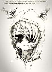  1girl annoyed antlers ceres_fauna ear_piercing glasses highres hololive hololive_english hood hoodie horns monochrome piercing real_life short_hair softshikioni sunglasses sweater talking ted_kaczynski virtual_youtuber  rating:General score:22 user:btm5dks3hu