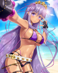  1girl :q armpits bare_shoulders bb_(fate) bb_(fate)_(all) bb_(swimsuit_mooncancer)_(fate) bb_(swimsuit_mooncancer)_(second_ascension)_(fate) beach bead_bracelet beads belt belt_buckle bikini black_gloves black_shorts blurry blurry_foreground bracelet breasts buckle cleavage closed_mouth cloud cowboy_shot day depth_of_field fate/grand_order fate_(series) fingerless_gloves garter_straps gloves hair_ornament hair_ribbon hammerman_benkei jewelry large_breasts lens_flare long_hair looking_at_viewer micro_shorts nail_polish navel ocean open_clothes open_fly open_shorts outdoors outstretched_arm purple_bikini purple_eyes purple_hair purple_nails purple_ribbon ribbon selfie short_shorts shorts skindentation smile solo star_(symbol) star_hair_ornament stomach straight_hair sun swimsuit thigh_strap thong tongue tongue_out uniform v v-shaped_eyebrows very_long_hair water  rating:Sensitive score:30 user:danbooru