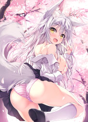 1girl :d animal_ears areola_slip ass black_footwear black_skirt blush branch breasts collared_shirt commentary_request covering_one_breast covering_privates dress_shirt fang flower fox_ears fox_girl fox_tail grey_hair hair_between_eyes hand_up haru_(tateha) highres kneehighs large_breasts loafers long_sleeves looking_at_viewer looking_back off_shoulder open_clothes open_mouth open_shirt original panties pink_flower pleated_skirt shirt shoe_soles shoes skirt smile socks solo striped_clothes striped_panties tail tateha_(marvelous_grace) tree underwear v white_shirt white_socks yellow_eyes rating:Questionable score:9 user:danbooru