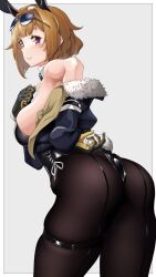  1girl adapted_costume animal_ears ass black_gloves black_pantyhose breasts brown_hair commentary commission cowboy_shot cropped_jacket detached_collar eyewear_on_head fake_animal_ears fake_tail fur-trimmed_jacket fur_trim girls&#039;_frontline gloves grey_background grizzly_mkv_(girls&#039;_frontline) highres inset_border jacket leotard looking_at_viewer nakiusagi pantyhose playboy_bunny purple_eyes rabbit_ears short_hair simple_background skeb_commission skindentation smile solo sunglasses tail two-tone_gloves yellow_gloves 