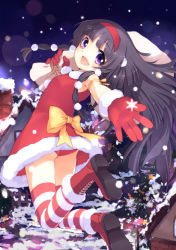  1boy :d alluka_zoldyck androgynous arm_ribbon black_hair bow building chimney christmas_tree fence gloves hairband highres holding hunter_x_hunter kamon_(shinshin) legs_up long_hair looking_at_viewer male_focus open_mouth panties purple_eyes red_gloves red_panties ribbon sack smile snowing solo star_(symbol) striped_clothes striped_thighhighs sura_(mana0703) thighhighs trap underwear  rating:Sensitive score:14 user:danbooru