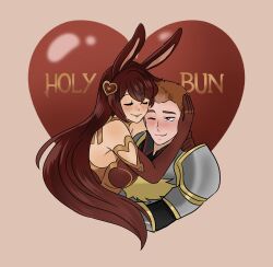  1boy 1girl absurdres armor blue_eyes breasts brown_background brown_gloves brown_hair cardin_winchester closed_eyes closed_mouth commentary commentary_typo cropped_torso elbow_gloves english_commentary english_text gloves heart hetero highres hug large_breasts long_hair one_eye_closed rwby simple_background squira130 velvet_scarlatina 
