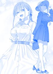  1girl :d bag belt blue_theme breasts character_request commentary dress full_body getsuyoubi_no_tawawa hair_over_eyes hat highres himura_kiseki holding holding_bag large_breasts long_hair long_sleeves looking_at_viewer low_twintails maegami-chan_(tawawa) medium_hair monochrome open_mouth sandals short_sleeves sidelocks skirt smile standing toenails toes twintails 
