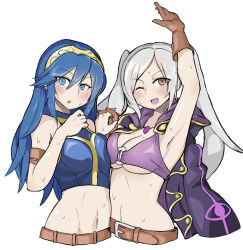  2girls arm_up armband armpits asymmetrical_docking belt bikini blue_bikini breast_press breasts brown_belt brown_gloves cleavage commentary_request crop_top cropped_torso fire_emblem fire_emblem_awakening fire_emblem_cipher fire_emblem_heroes gloves holding_hands interlocked_fingers jacket jacket_on_shoulders large_breasts long_hair lucina_(fire_emblem) medium_breasts multiple_girls navel nintendo o-ring o-ring_bikini official_alternate_costume one_eye_closed open_mouth purple_bikini robin_(female)_(fire_emblem) robin_(fire_emblem) sleeveless smile sweat swimsuit tiara twintails underboob white-stew 