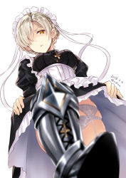  1girl apron armor armored_boots azur_lane black_dress blonde_hair blurry blurry_foreground boots breasts clothes_lift collar cross dated depth_of_field dress dress_lift frilled_sleeves frills from_below garter_belt hair_over_one_eye highres juliet_sleeves knee_boots lifted_by_self long_sleeves looking_at_viewer looking_down maid_headdress medium_breasts nabeshima_tetsuhiro orange_eyes panties puffy_sleeves shaded_face sheffield_(azur_lane) shiny_clothes short_hair simple_background solo stomping underwear v-shaped_eyebrows white_apron white_background white_panties  rating:Sensitive score:16 user:danbooru
