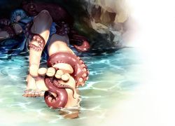  1boy aqua_hair barefoot cave chiyoganemaru feet japanese_clothes legs long_hair looking_at_viewer lying male_focus nyagi octopus on_back partially_submerged restrained soles solo_focus tentacles tentacles_on_male toes touken_ranbu water  rating:Sensitive score:25 user:WizzStar1