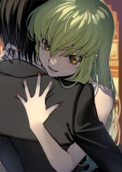  1boy 1girl 2024 :d bare_arms black_hair black_jacket c.c. c.c._day code_geass commentary_request creayus dated_commentary eyes_visible_through_hair from_behind green_hair hair_between_eyes hand_on_another&#039;s_neck hetero hug jacket lelouch_vi_britannia long_hair looking_at_viewer nail_polish nose open_mouth red_nails short_hair smile teeth upper_body v-shaped_eyebrows very_long_hair yellow_eyes 