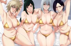  4girls absurdres arm_support armpits arms_up bakugou_mitsuki bikini black_eyes black_hair blonde_hair blush boku_no_hero_academia breasts closed_mouth collarbone commentary glasses gold_bikini green_hair hair_between_eyes half-closed_eyes head_tilt highres jirou_mika large_breasts legs_together long_hair looking_at_viewer mature_female midoriya_inko multiple_girls navel parted_lips presenting presenting_armpit short_hair sidelocks sitting smell smile steam steaming_body stomach sweat swimsuit thigh_gap todoroki_rei white_hair xter yellow_bikini 