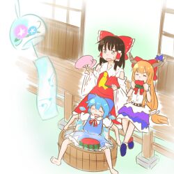  3girls ascot blue_bow blue_dress blue_hair bow brown_hair cirno closed_eyes detached_sleeves detached_wings dress eating fairy fairy_wings food frilled_bow frilled_hair_tubes frills fruit hair_bow hair_tubes hakurei_reimu hand_fan highres holding holding_fan horn_ornament horn_ribbon horns ibuki_suika ice ice_wings long_hair multiple_girls oni orange_hair pinafore_dress purple_skirt red_bow red_skirt ribbon ribbon-trimmed_sleeves ribbon_trim short_hair skirt skirt_set sleeveless sleeveless_dress sweat sweatdrop touhou very_long_hair water watermelon watermelon_slice wind_chime wings yakousei_no_kame yellow_ascot  rating:General score:1 user:danbooru