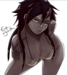  1girl amputee artist_request bikini black_hair bleach breasts cleavage foreshortening greyscale grin hair_over_breasts huge_breasts lips long_hair looking_at_viewer monochrome naughty_face reaching reaching_towards_viewer shadow shiba_kuukaku shiny_skin smile solo swimsuit tongue tongue_out white_background wide_hips 