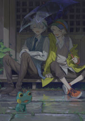  1boy 2boys absurdres bishounen blue_necktie closed_eyes coat collared_shirt commentary_request creature crossed_ankles crossed_arms eyelashes fang fantasy frog full_body grass grey_hair grey_vest hair_between_eyes happy hat highres holding holding_umbrella knees_up looking_at_another male_focus multiple_boys necktie open_clothes open_coat open_mouth original outdoors pants porch rain shirt shoes short_hair sitting smile sneakers sweater_vest torino_kawazu transparent transparent_umbrella umbrella vest white_hair yellow_coat 