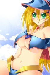  01jou 1girl :&lt; bare_shoulders bikini blonde_hair blue_bikini blush body_blush breasts choker cleavage cloud collarbone dark_magician_girl duel_monster female_focus green_eyes hair_between_eyes hat heart heart-shaped_pupils hexagram large_breasts leaning_back lens_flare long_hair long_image looking_at_viewer navel onoe_junki open_mouth outdoors pentacle revealing_clothes shade shiny_clothes shiny_skin sitting sky solo swimsuit symbol-shaped_pupils tall_image underboob witch witch_hat yu-gi-oh! yu-gi-oh!_duel_monsters 