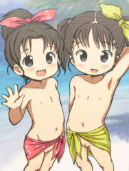  2girls :d arm_behind_head arm_up armpits bare_shoulders beach black_eyes black_hair blurry blush body_blush bow cleft_of_venus collarbone depth_of_field female_focus flat_chest forehead groin hair_bow lasto legs loli looking_at_viewer multiple_girls navel nipples no_panties open_hand open_mouth original outdoors ponytail pussy sarong shadow short_hair short_twintails small_areolae small_nipples smile standing topless tree twintails uncensored waving  rating:Explicit score:229 user:danbooru