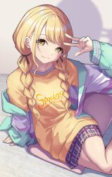  1girl arm_up black_ribbon blonde_hair blue_jacket braid closed_mouth commentary_request creek_(moon-sky) feet_out_of_frame fujita_kotone gakuen_idolmaster hair_over_shoulder hair_ribbon highres idolmaster jacket long_hair long_sleeves looking_at_viewer low_twintails off_shoulder open_clothes open_jacket pillow plaid plaid_skirt pleated_skirt puffy_long_sleeves puffy_sleeves ribbon shirt skirt sleeves_past_wrists smile solo twin_braids twintails w yellow_eyes yellow_shirt 