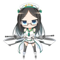 1girl black-framed_eyewear black_thighhighs blue_eyes breasts character_request chibi closed_mouth commentary_request detached_sleeves full_body glasses green_neckerchief green_sailor_collar hat hop_step_jumpers lets0020 long_hair looking_at_viewer medium_breasts military_vehicle miniskirt neckerchief pleated_skirt sailor_collar ship shirt simple_background skirt smile solo split_mouth thighhighs transparent_background turret warship watercraft white_footwear white_hat white_shirt white_skirt white_sleeves 