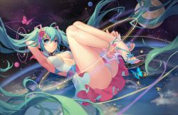 1girl absurdly_long_hair ahoge aqua_eyes armpits artist_name atdan bad_id bad_pixiv_id blue_eyes blush breasts bug butterfly closed_mouth feet flower gradient_background green_hair hair_flower hair_ornament hatsune_miku heart heart-shaped_pupils high_heels insect legs_up long_hair looking_at_viewer panties revision sandals shoes sideboob skirt smile solo symbol-shaped_pupils toeless_footwear toes twintails underwear very_long_hair vocaloid rating:Questionable score:26 user:danbooru