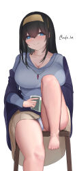  1girl absurdres black_hair blue_eyes blue_shawl blue_shirt blush book breasts cleavage closed_mouth collarbone dot_nose double-parted_bangs feet_on_chair hair_between_eyes highres holding holding_book idolmaster idolmaster_cinderella_girls idolmaster_cinderella_girls_starlight_stage jewelry large_breasts leg_up light_smile long_hair long_sleeves looking_at_viewer necklace on_chair panties pantyshot pleated_skirt rufei_bot sagisawa_fumika shawl shirt sidelocks simple_background sitting skirt solo straight_hair twitter_username underwear upskirt white_background 
