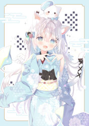 1girl :d animal animal_ear_fluff animal_ears animal_on_head beret black_ribbon blue_bow blue_hat blue_kimono bow cat cat_ears cat_girl cat_tail commentary_request commission egasumi feathered_wings hair_bow hair_ornament hands_up hat heart heart_hands indie_virtual_youtuber japanese_clothes kimono long_sleeves mini_wings obi on_head open_mouth ribbon sash skeb_commission smile solo sorashi_purumu tail tail_ornament tail_ribbon virtual_youtuber white_background white_cat white_wings wide_sleeves wing_hair_ornament wings x_hair_ornament yuizaki_kazuya