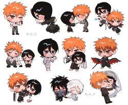  &gt;:) 1boy 1girl ;( ^_^ absurdres bandaid bandaid_on_face bankai black_hair black_kimono black_pants black_suit bleach bleach:_epilogue bleach:_sennen_kessen-hen blush_stickers bow bowtie bridal_veil brown_eyes carrying carrying_person chibi chibi_only closed_eyes closed_mouth collared_shirt commentary_request detached_sleeves double-parted_bangs dress earphones eye_contact facing_another fingerless_gloves floating_clothes formal frown gloves grey_pants grey_skirt gwao_(_ul_13) hair_between_eyes hakka_no_togame_(bankai) hand_in_pocket happy highres holding holding_hands holding_sword holding_weapon japanese_clothes katana kimono korean_commentary kuchiki_rukia kurosaki_ichigo long_dress long_hair long_sleeves looking_at_another looking_at_viewer looking_down medium_hair miniskirt mugetsu_form_(bleach) multiple_views open_mouth orange_hair pants pleated_skirt princess_carry purple_eyes red_bow red_bowtie red_gloves school_uniform shared_earphones shirt short_hair short_sleeves side-by-side simple_background skirt smile spiked_hair squatting standing straight_hair suit sweatdrop sword tabi tensa_zangetsu_(bankai) twitter_username v-shaped_eyebrows veil weapon wedding wedding_dress white_background white_dress white_hair white_shirt wide_sleeves zangetsu_(shikai) 