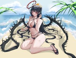  1girl absurdres bags_under_eyes beach bikini black_bikini black_footwear black_hair black_wings blood blood_halo blue_archive blush breasts chinese_commentary cleavage commentary_request criss-cross_halter flower hair_flower hair_ornament halo halterneck highres large_breasts liquid_halo liuli_xiao long_hair looking_at_viewer low_wings melting_halo navel official_alternate_costume outdoors ponytail red_eyes red_halo sandals solo swimsuit tsurugi_(blue_archive) tsurugi_(swimsuit)_(blue_archive) very_long_hair wings  rating:Sensitive score:5 user:danbooru